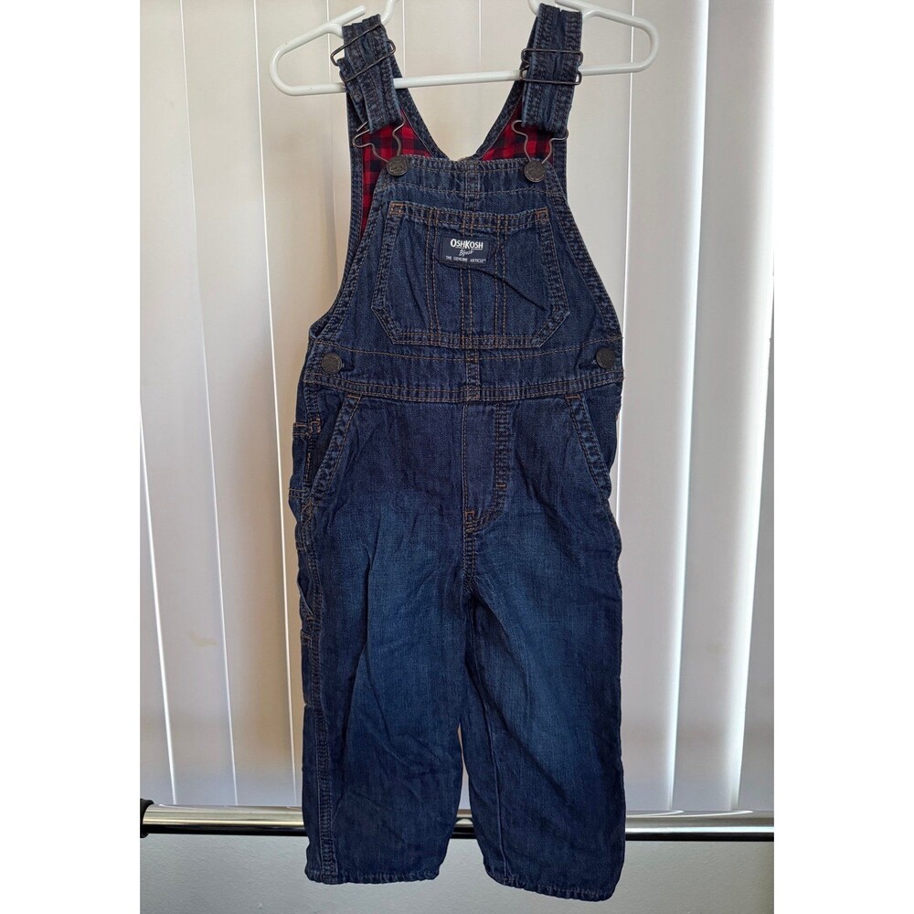 Kids OshKosh Bgosh Blue Denim Flannel Lined Buffalo Plaid Overalls Size 2T